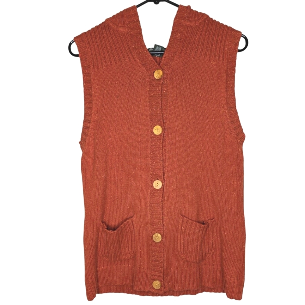 Eddie Bauer Burnt Orange Button Down Fall Winter Knit Vest with Hood Size Small